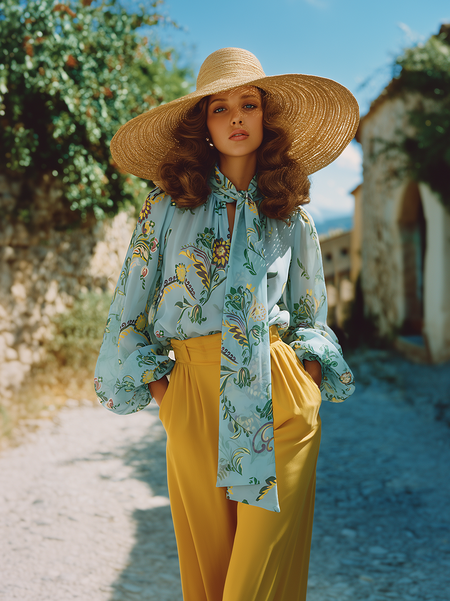 Romantic Bohemian Floral Print Tie-neck Collar Chiffon Blouse