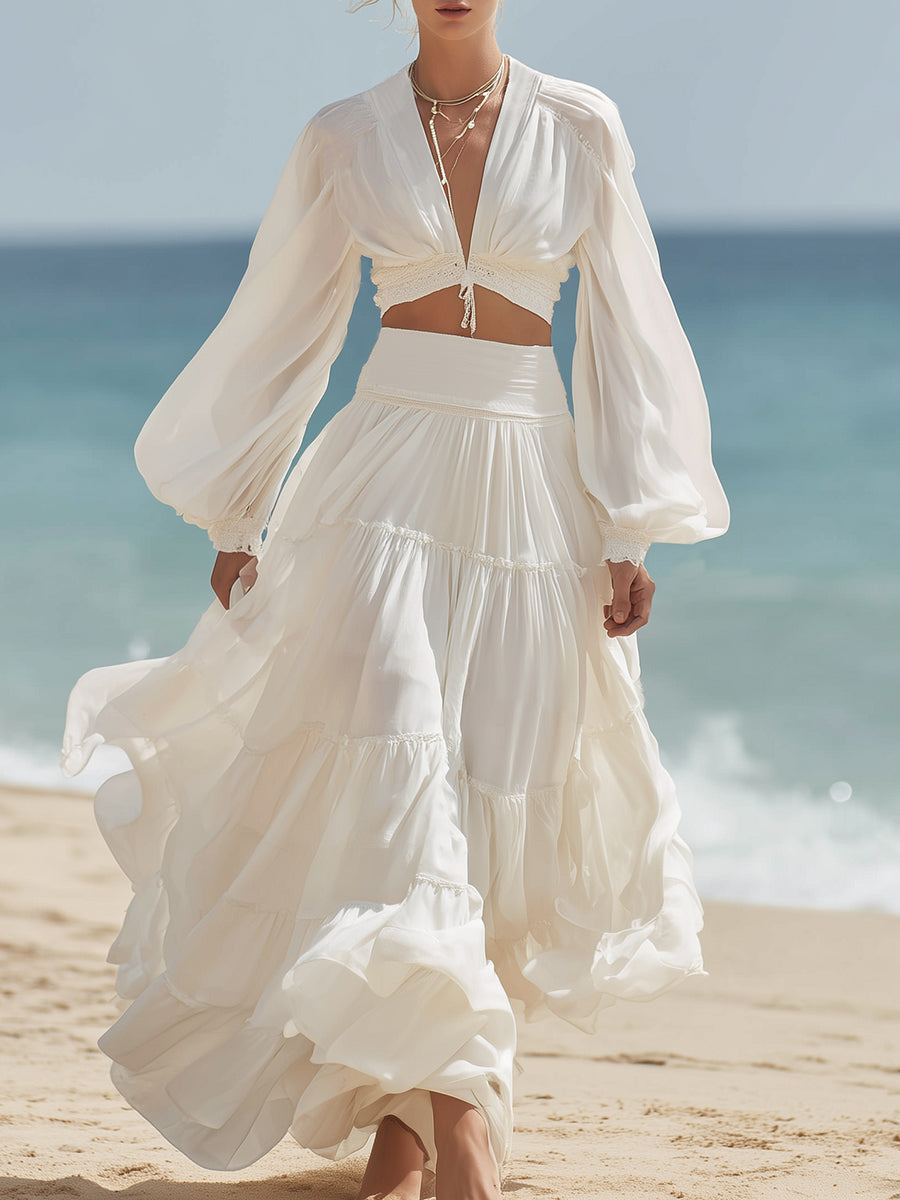 Bohemian Vacation Style Off-white V-neck Top And Ruffled Skirt Set