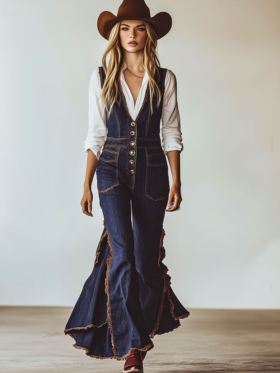 Retro Casual Lace Ruffle Dark Blue Denim Sleeveless Jumpsuit