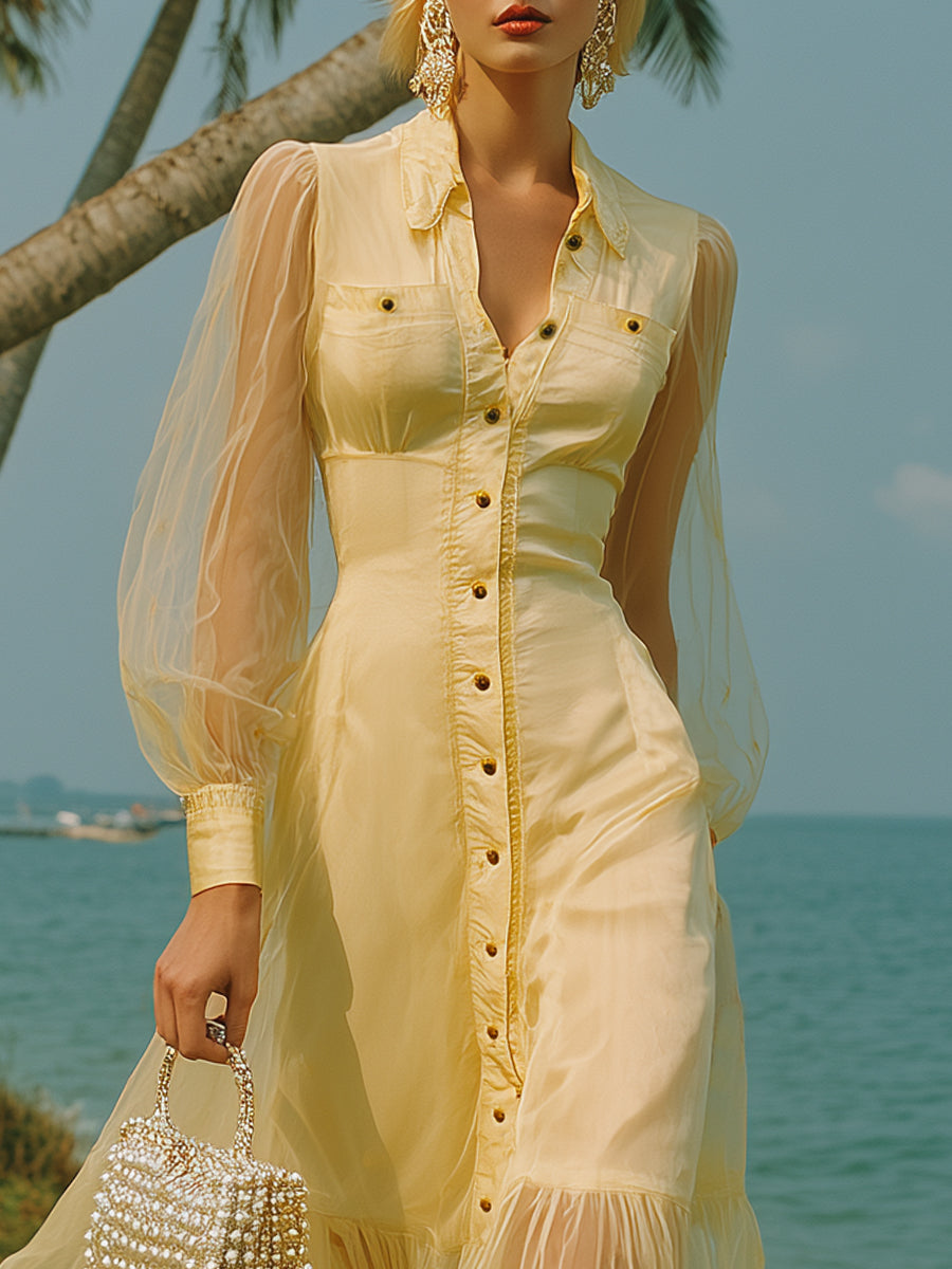 Resort-style Mesh Patchwork Pale Yellow Maxi Dress