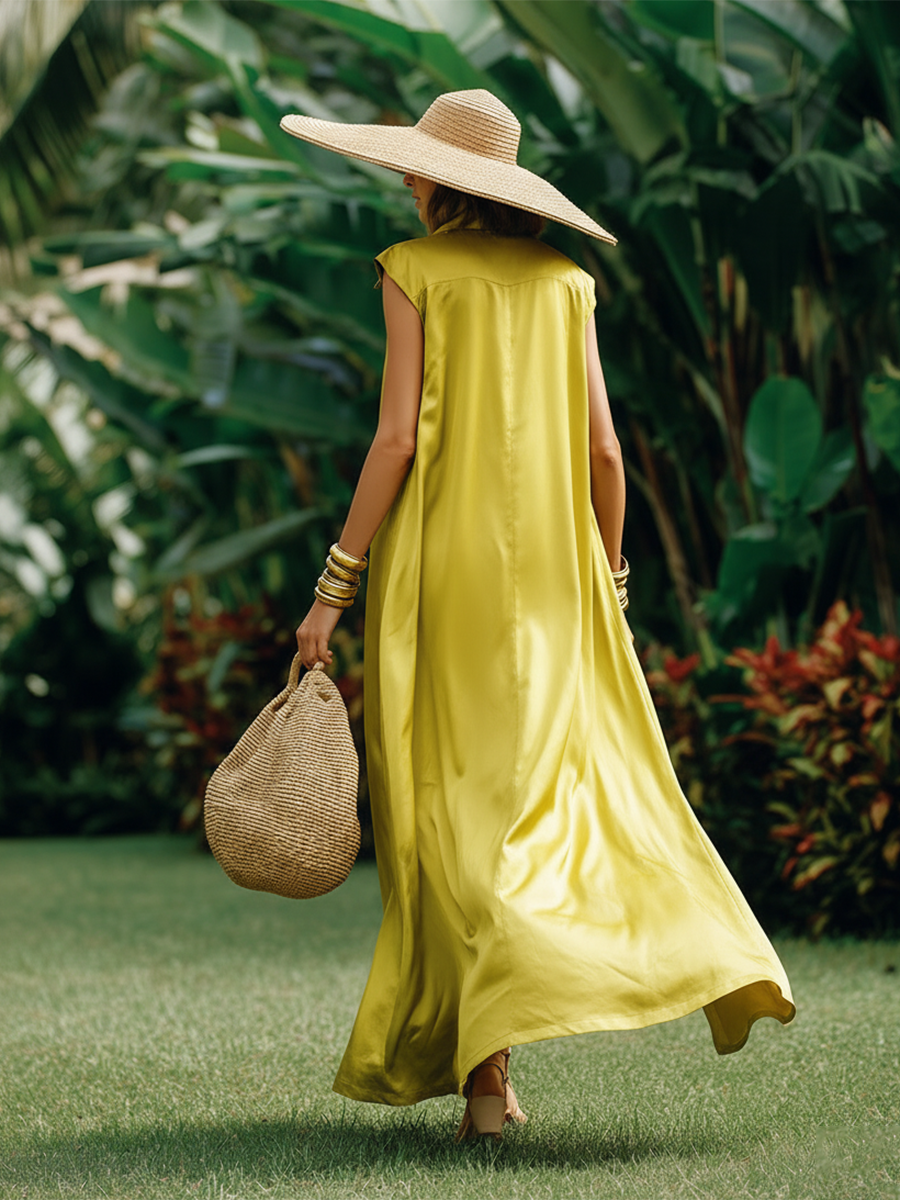 Luxurious Resort-style Lapel Sleeveless Satin Maxi Dress