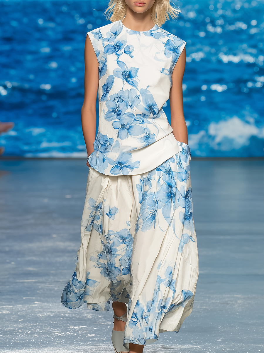 Simple And Elegant White Orchid Floral Print Satin Sleeveless Top And Wide-leg Pants Set