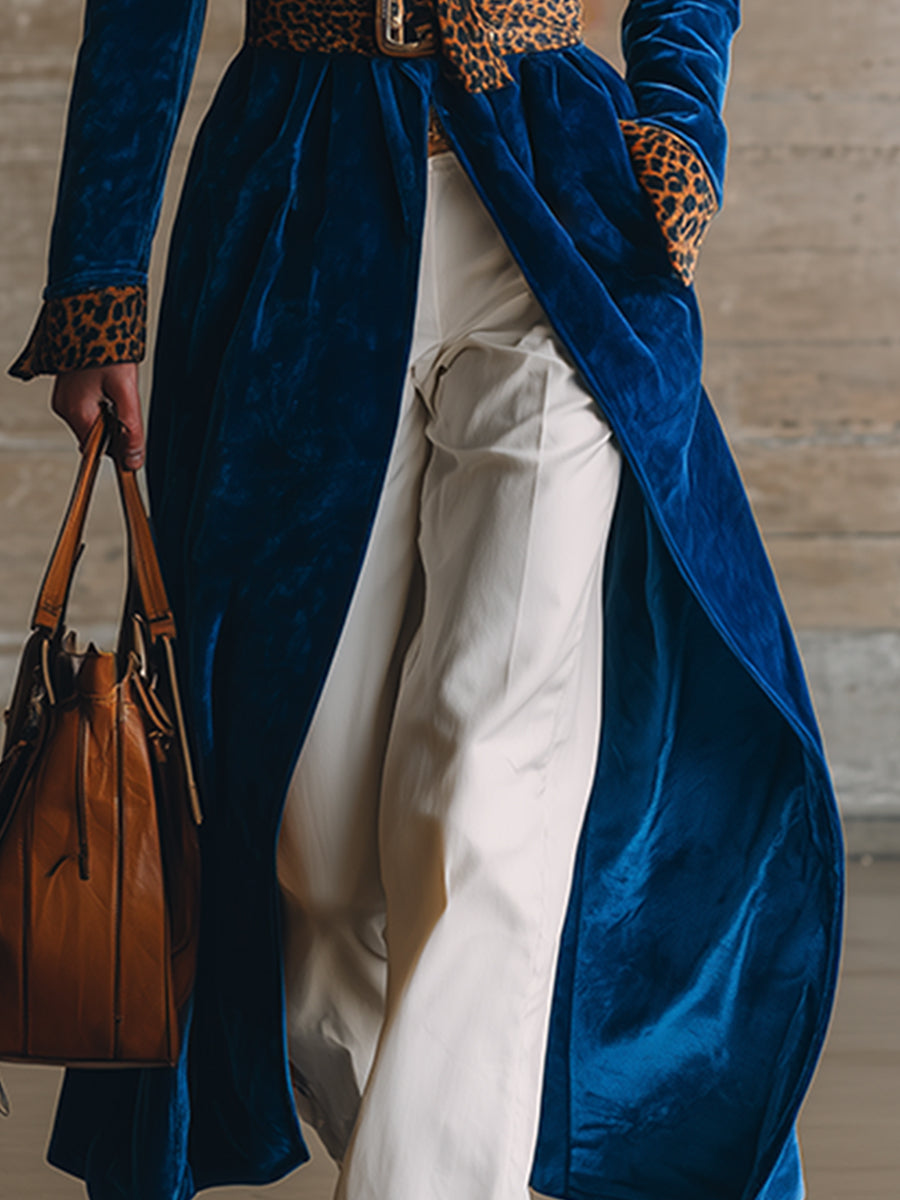 Elegant Vintage Leopard Trim Blue Velvet Lapel Coat