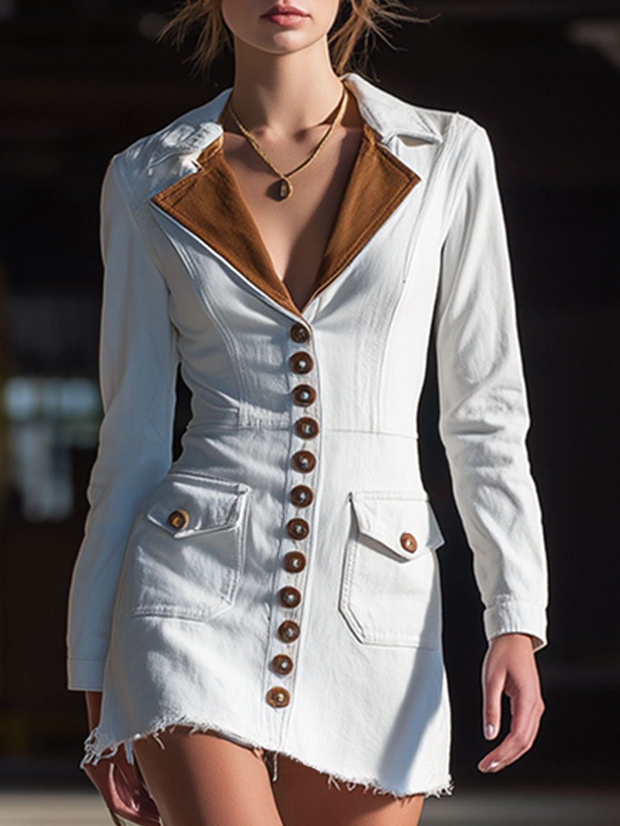 Vintage Brown Collar White Denim Long Sleeve Raw Edge Mini Dress