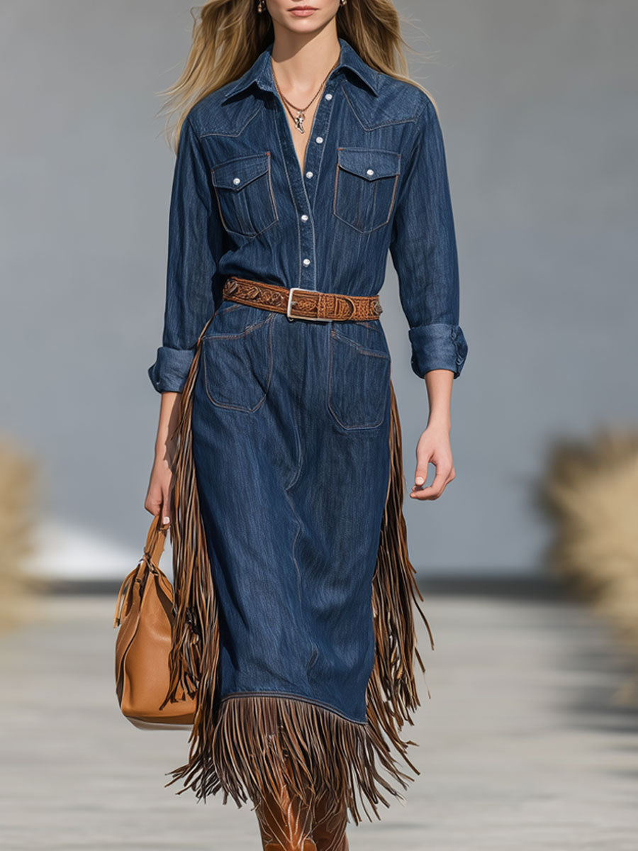 Western Retro Tassel Lace-Up Blue Denim Long-Sleeved Midi Dress