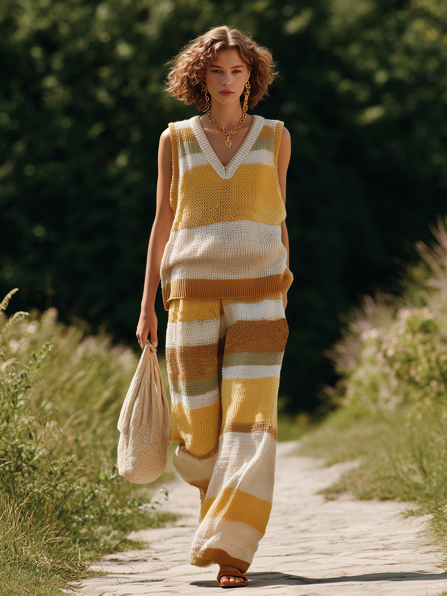 Bohemian Style Knitted Sleeveless V-neck Top And Trousers Set