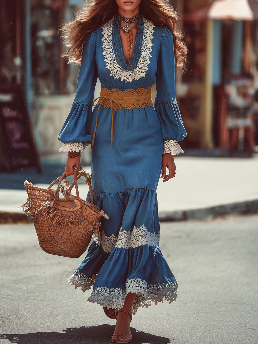 Romantic Bohemian White Lace Patchwork And Blue Tencel Maxi Dress
