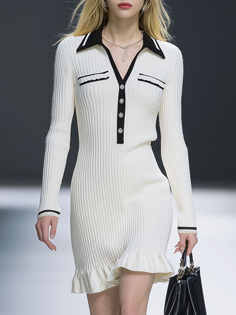Elegant Lapel Black And White Contrast Knitted Midi Dress