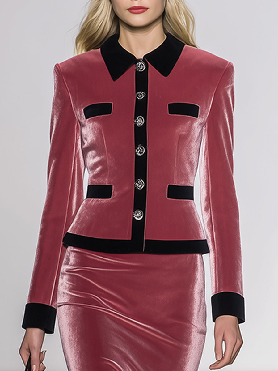 Fashionable And Elegant Pink Velvet Midi Skirt Suit