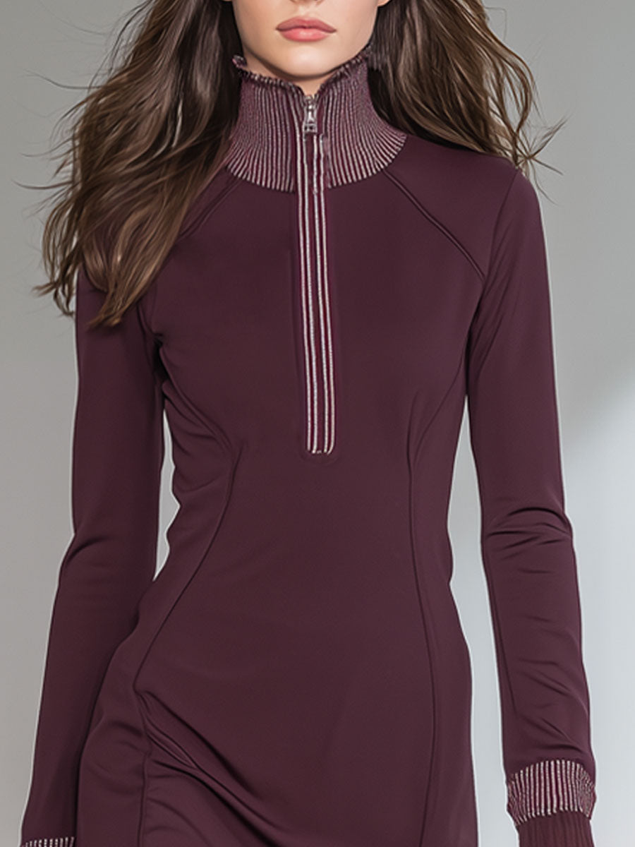 Casual Sports Burgundy Stand-Up Collar Striped Ruffled Long-Sleeved Mini Dress