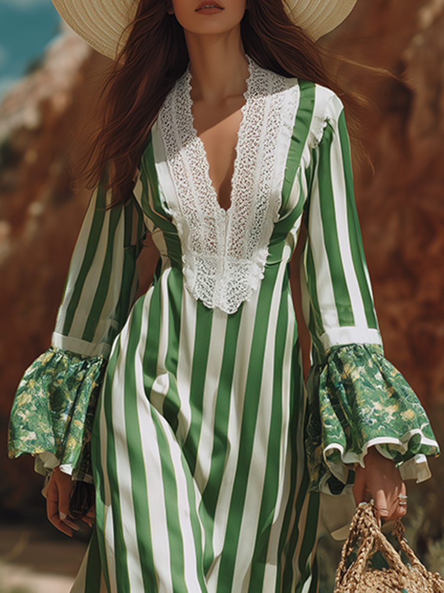 Loose-fitting Bohemian V-neck Lace And Printed Satin Maxi Dress