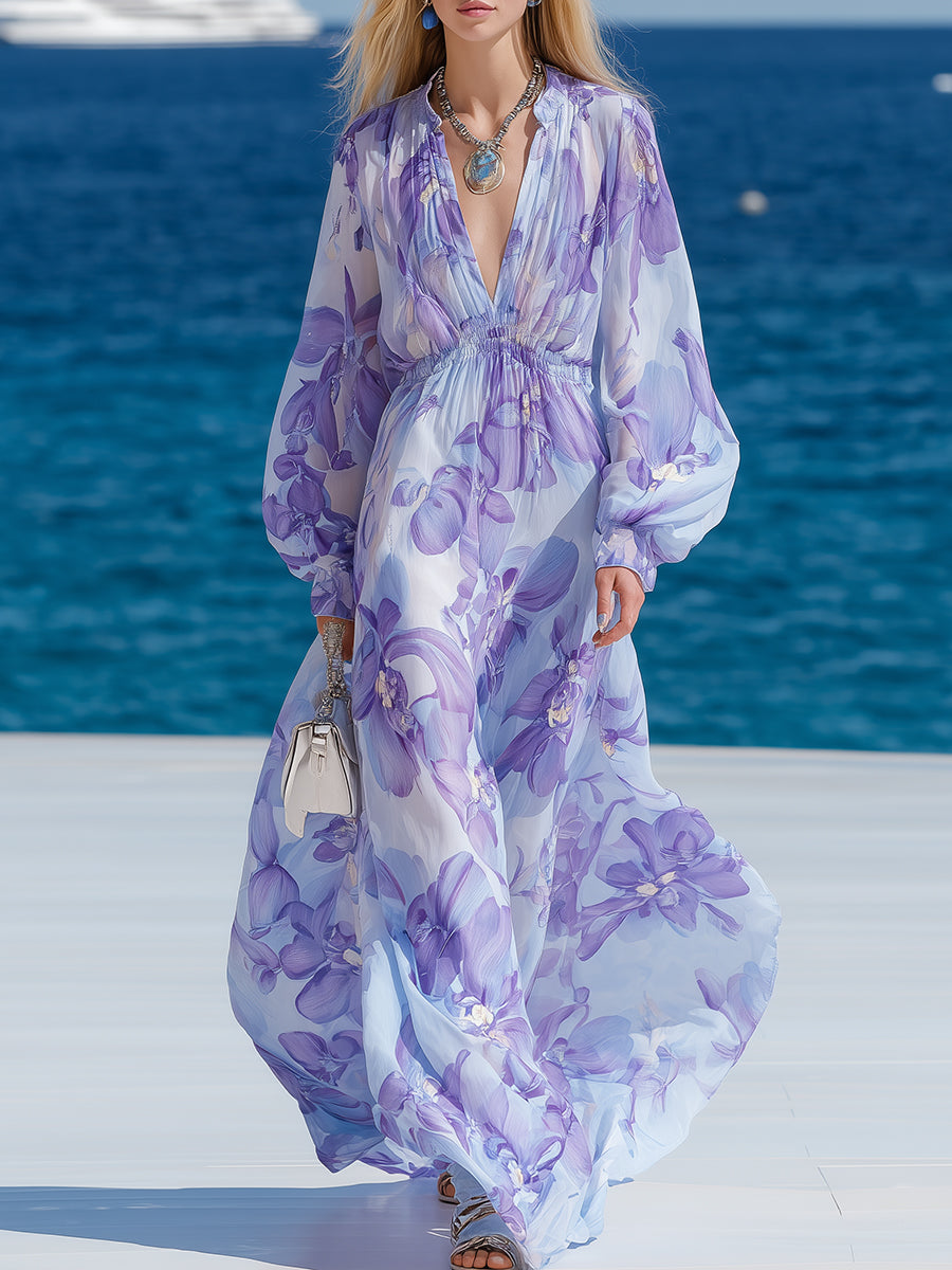 Bohemian Romantic Purple Floral Print Chiffon V-Neck Puff Sleeve Maxi Dress
