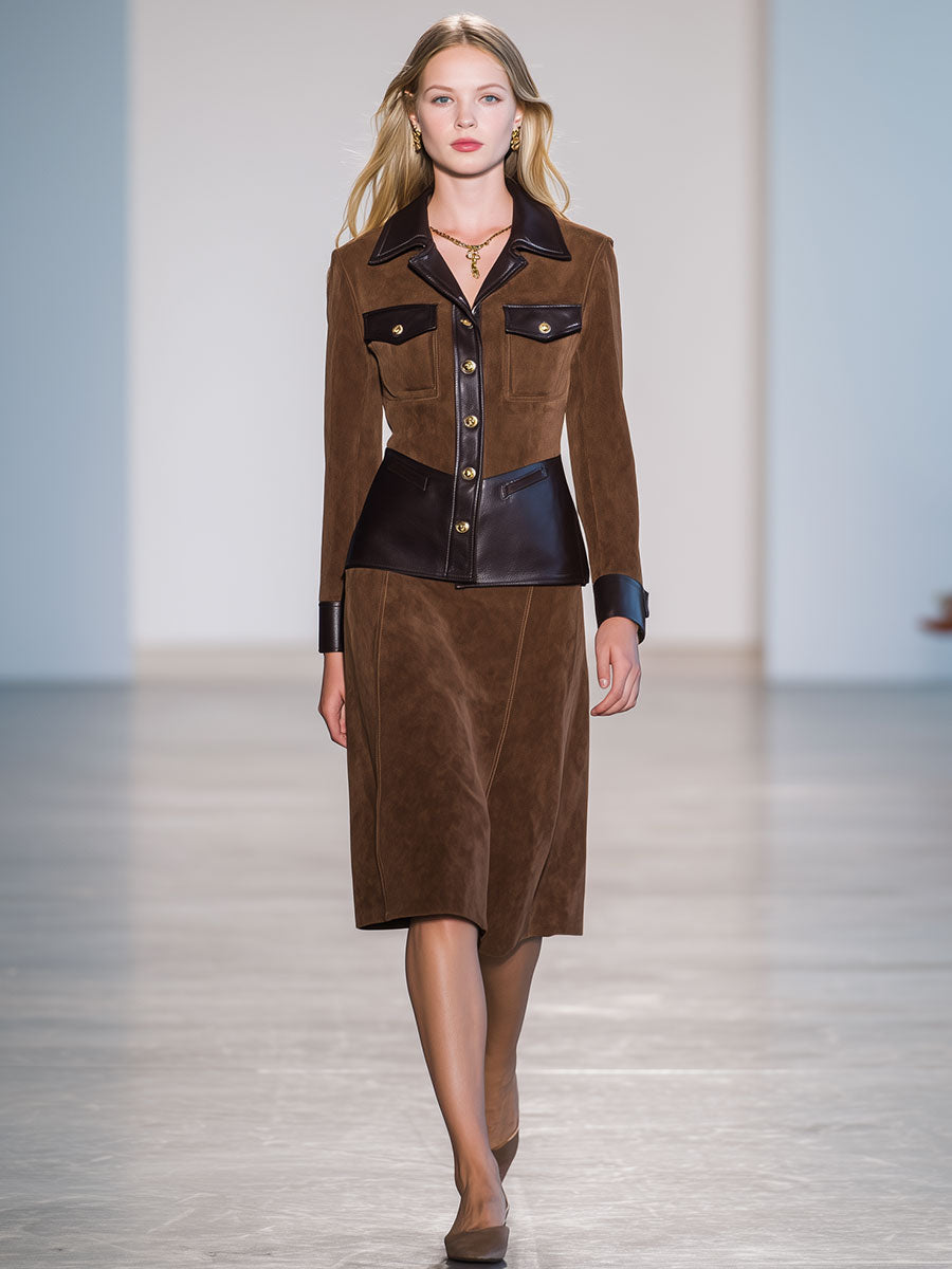 Retro Fashion Faux Suede And Faux Leather Brown Midi Skirt Set