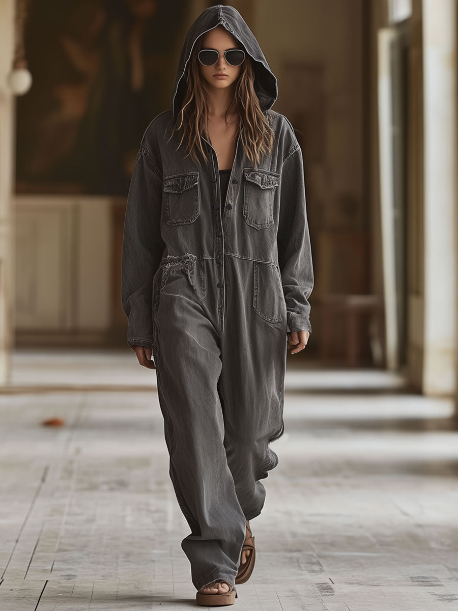 Casual Loose Retro Graphite Gray Denim Ripped Long Sleeve Hooded Jumpsuit