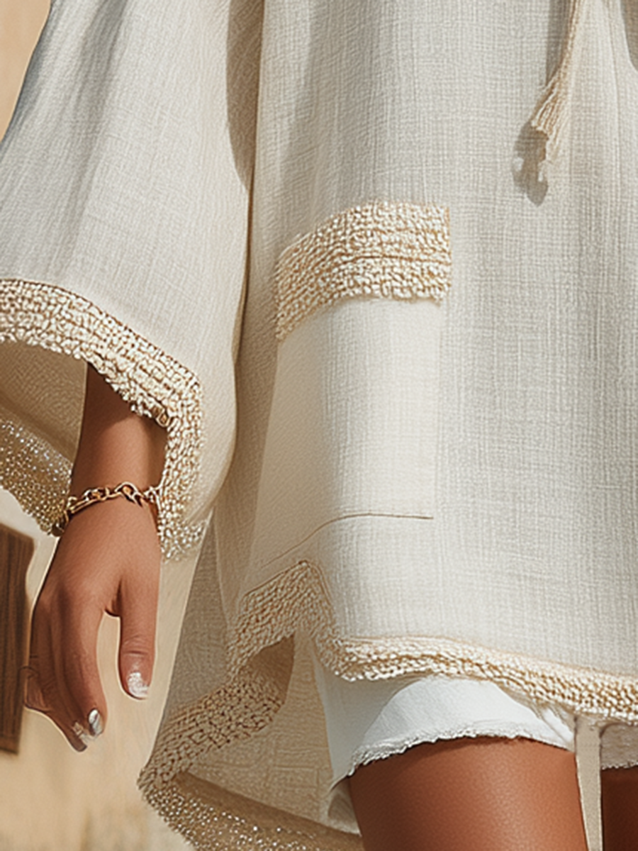 Beige Bohemian Style Long-sleeved Stand-collar Shirt