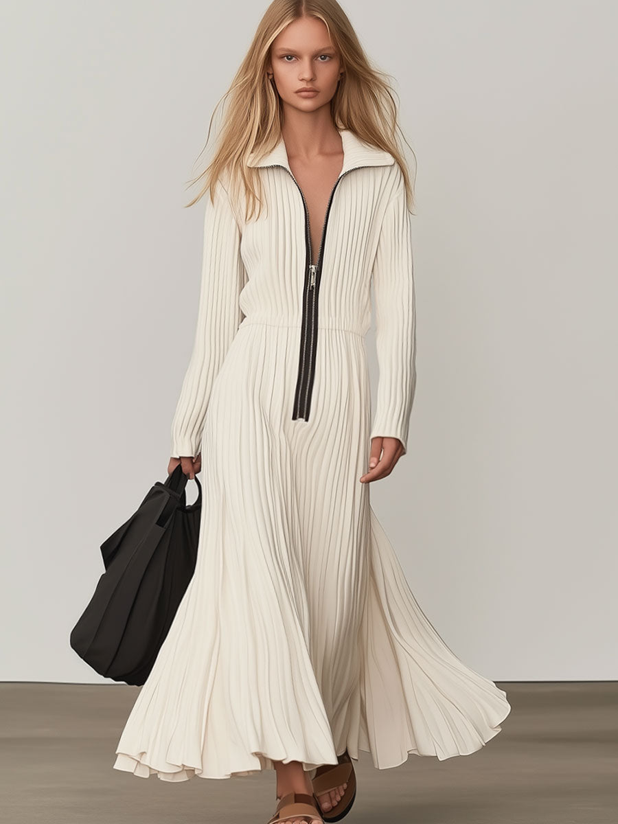Fashionable And Casual White Knitted Lapel Long-Sleeved Maxi Dress