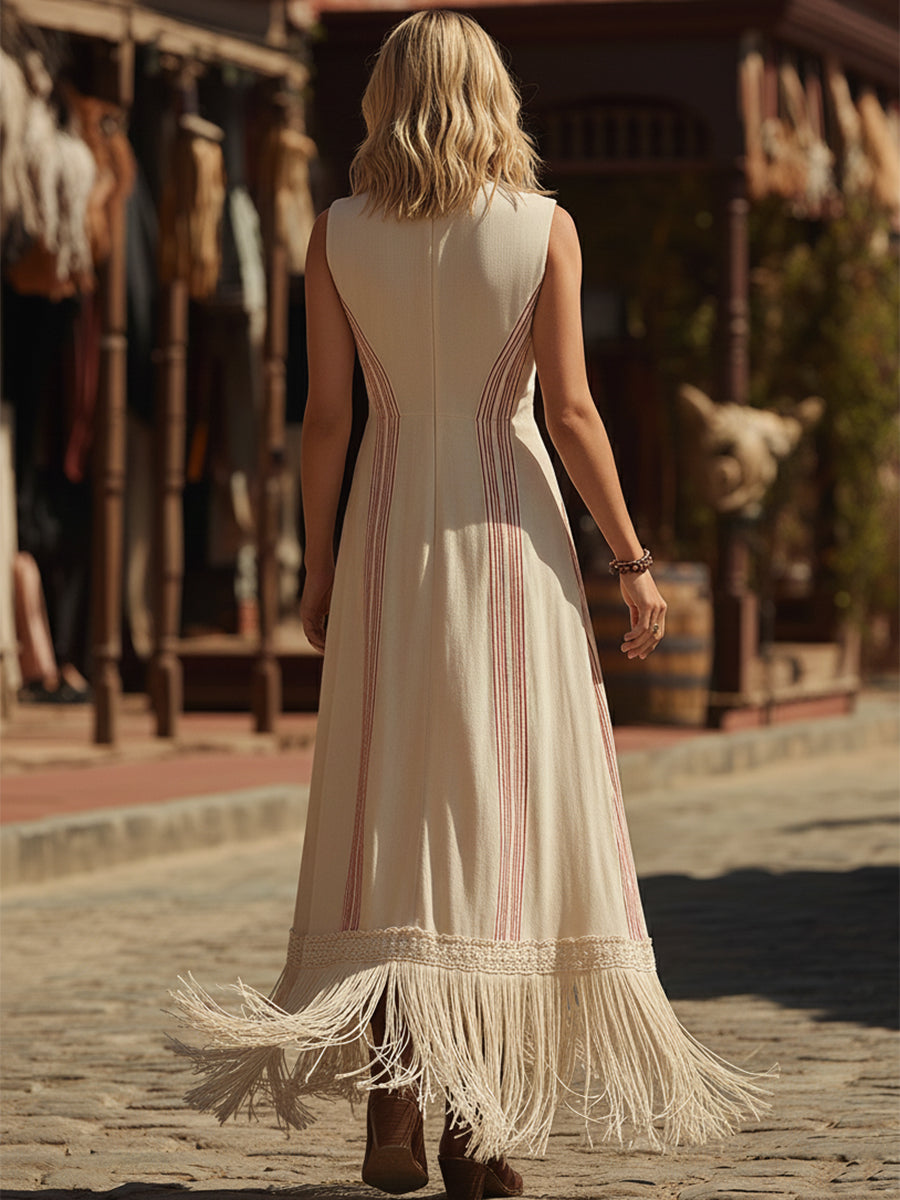 Bohemian Ethnic Style Red Striped Beige Cotton Linen V-neck Tassel Maxi Dress