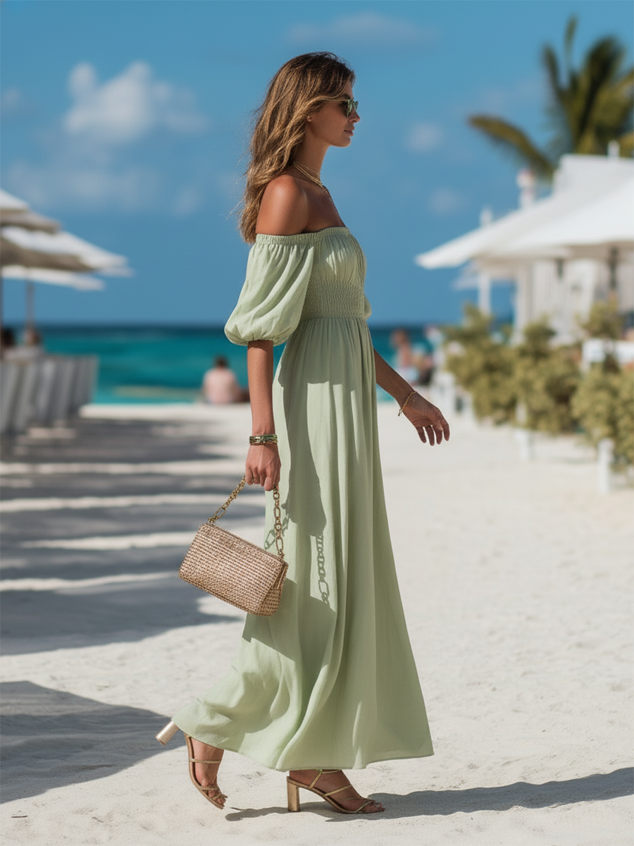 Vacation-style Cotton Off-the-shoulder Short-sleeved Maxi Dress