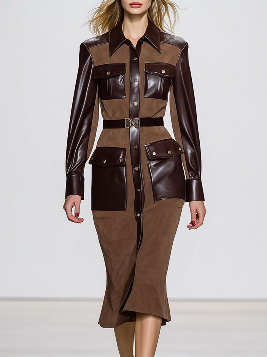 Vintage Fashion Faux Suede And Faux Leather Brown Midi Dress