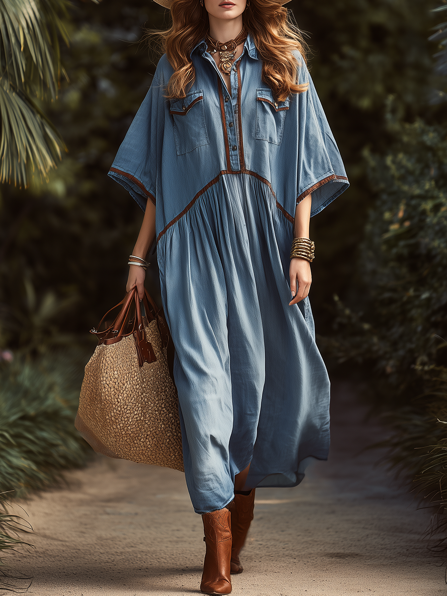 Casual Vacation Brown Woven Strap Short-sleeved Denim Maxi Dress