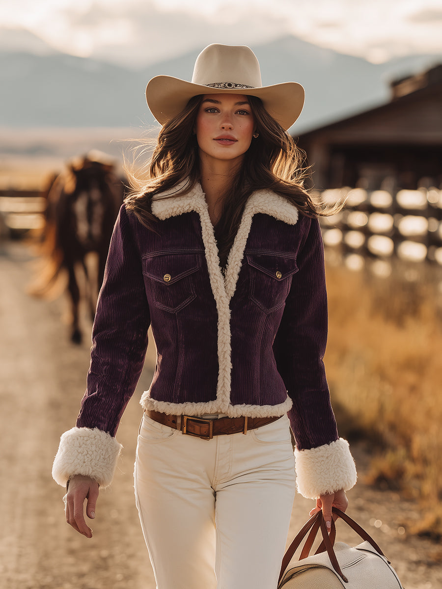 Western Purple Corduroy With Sherpa Lining Jacket