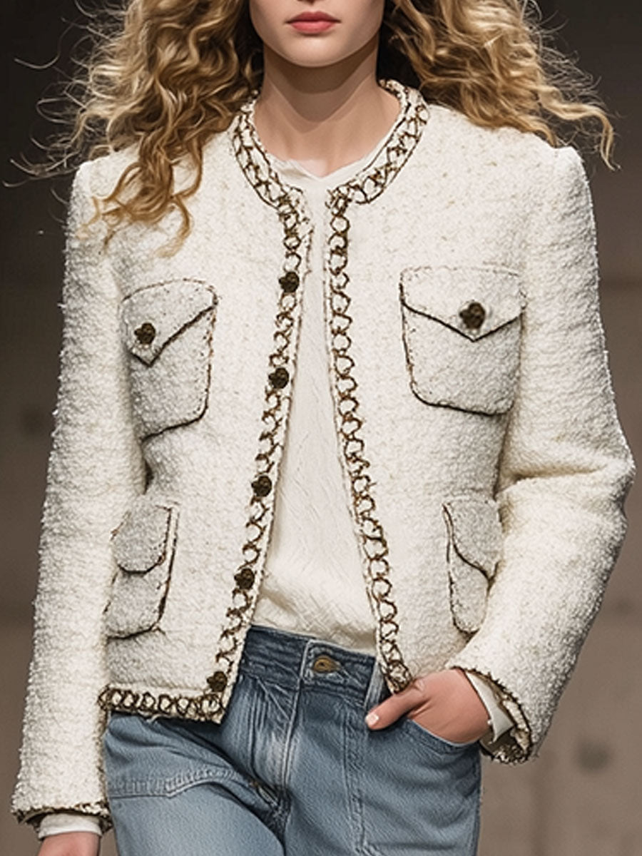 Fashion Retro Patchwork Webbing White Tweed Jacket