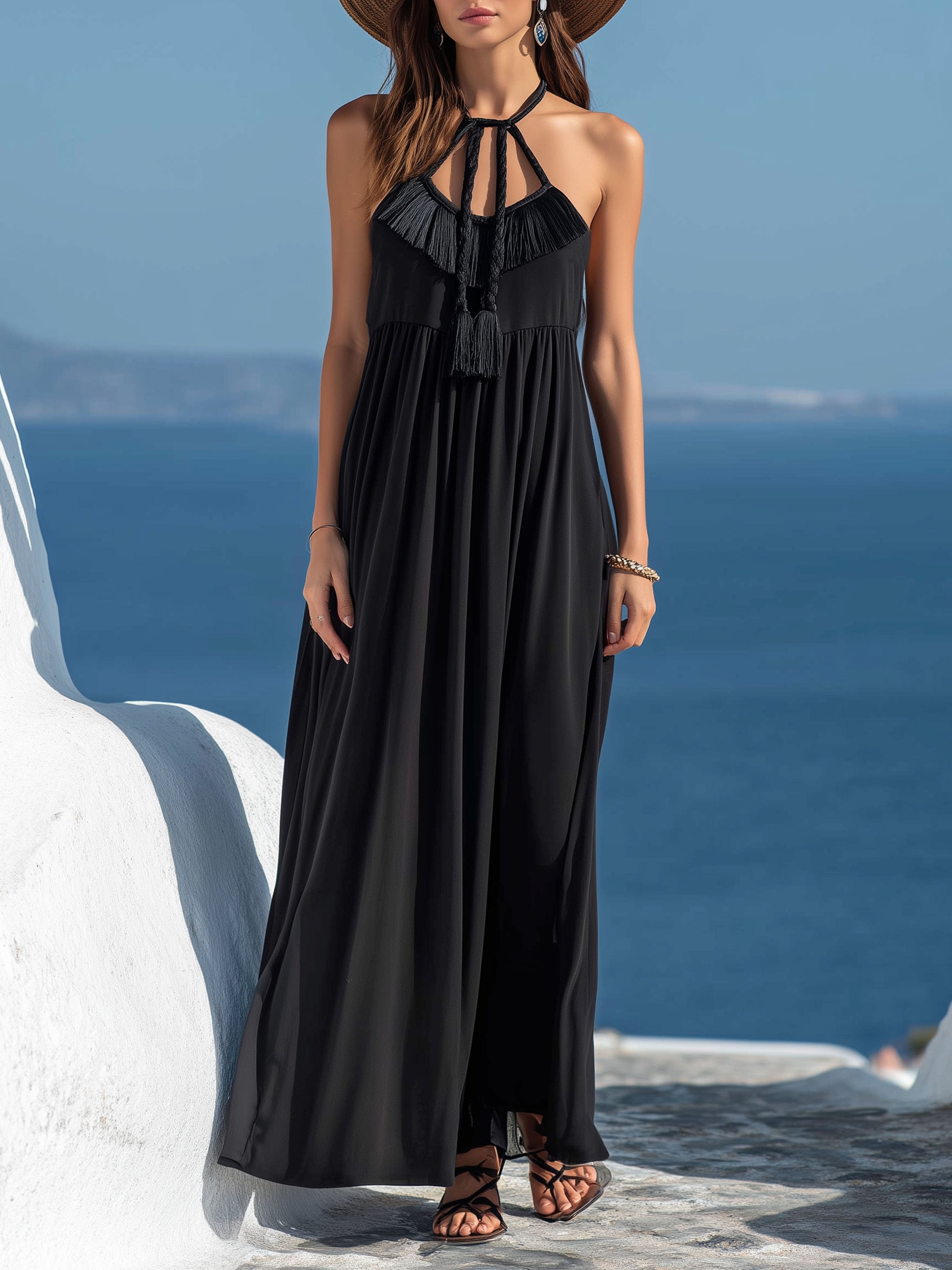 Vacation Black Fringe Tie-Wrap Sleeveless Maxi Dress