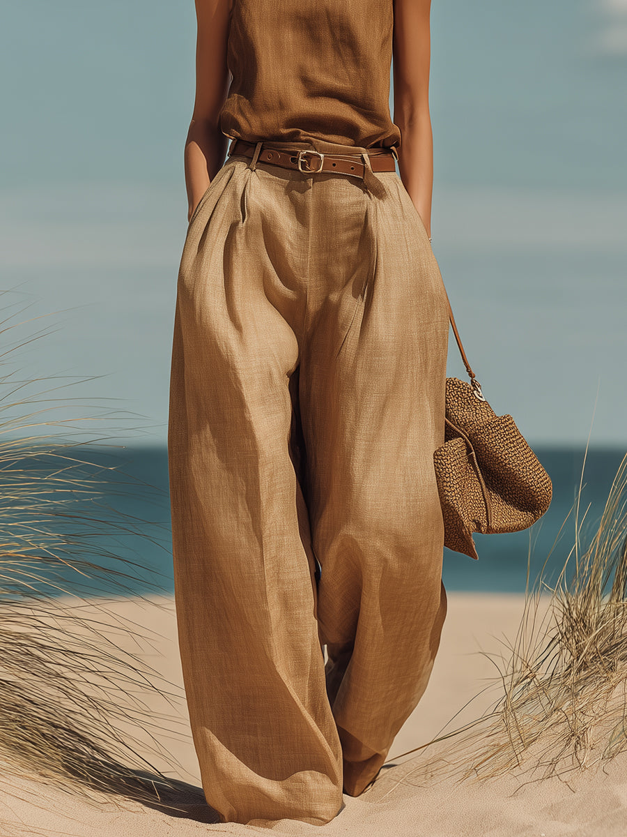 A Stylish Minimalist Walnut Brown Turtleneck Sleeveless Top And Camel Wide-leg Cotton-linen Set