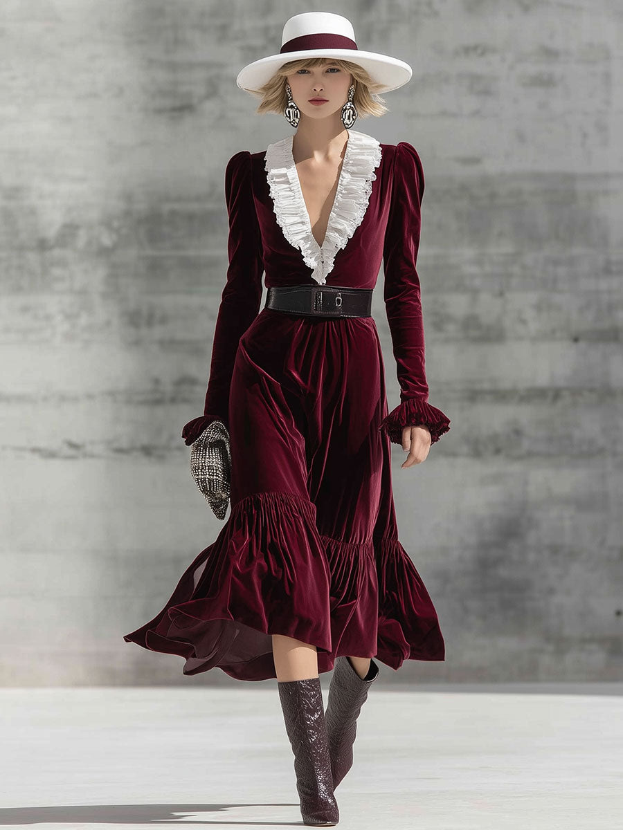 Fashion Retro Burgundy Velvet Dress