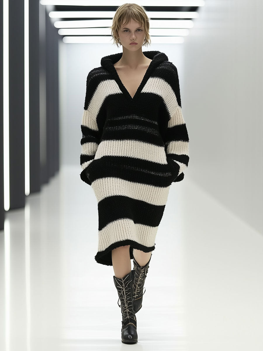 Retro Casual Loose Black And White Striped Knitted Hooded Pocket Midi Dress