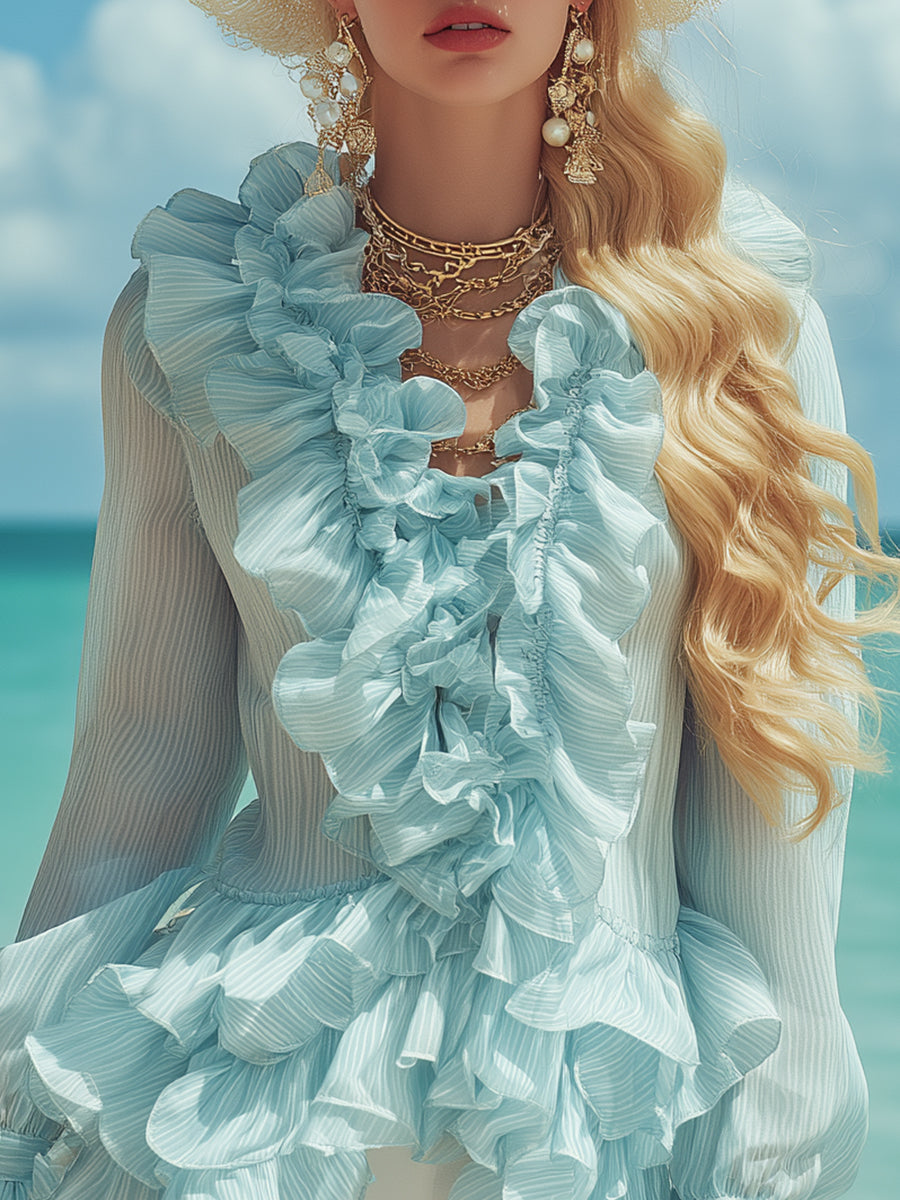 Fashionable Vacation Light Blue Ruffled Chiffon Blouse