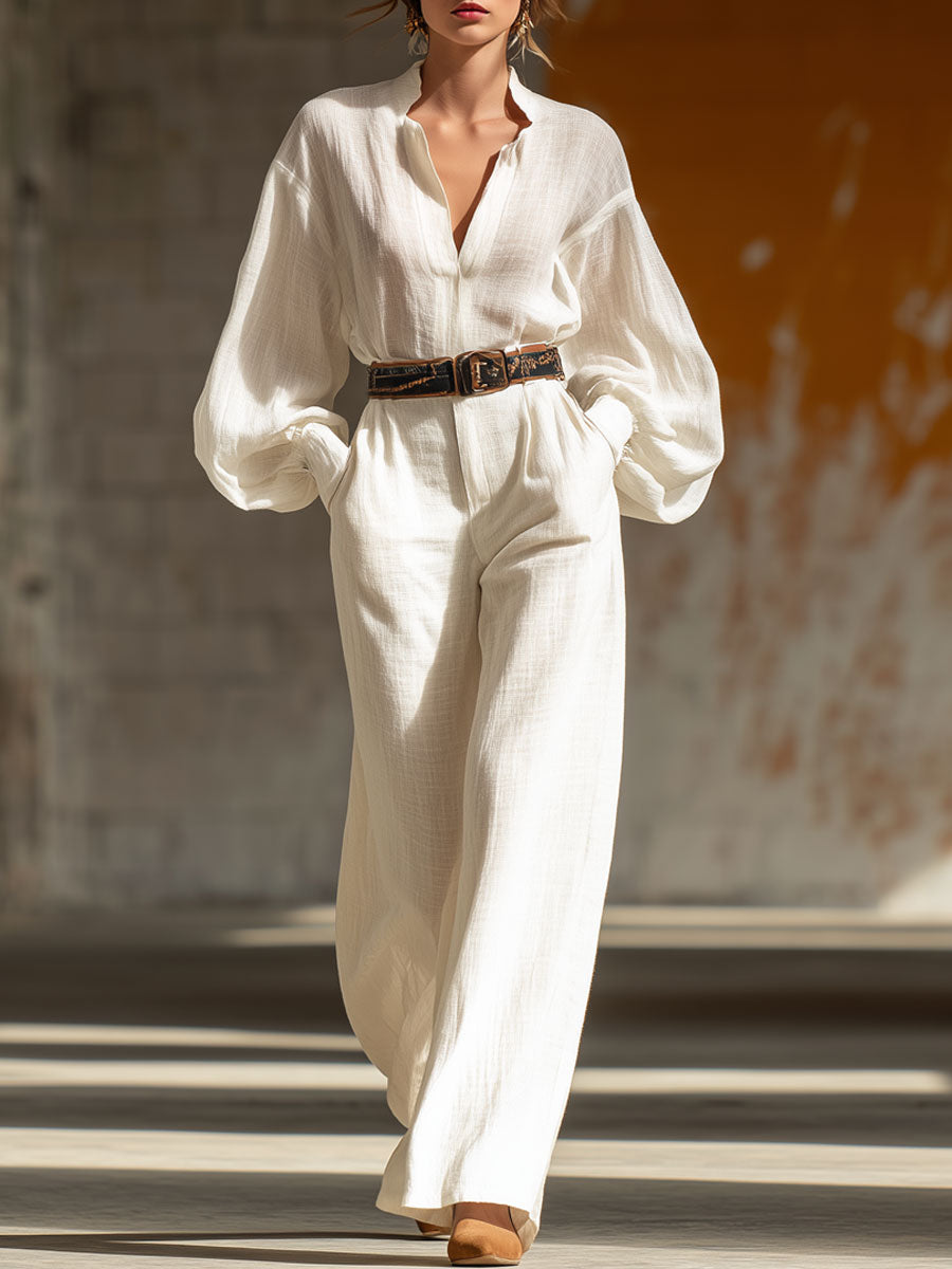 Vintage White Cotton And Linen Lantern Long-Sleeved Lace-Up Wide-Leg Jumpsuit
