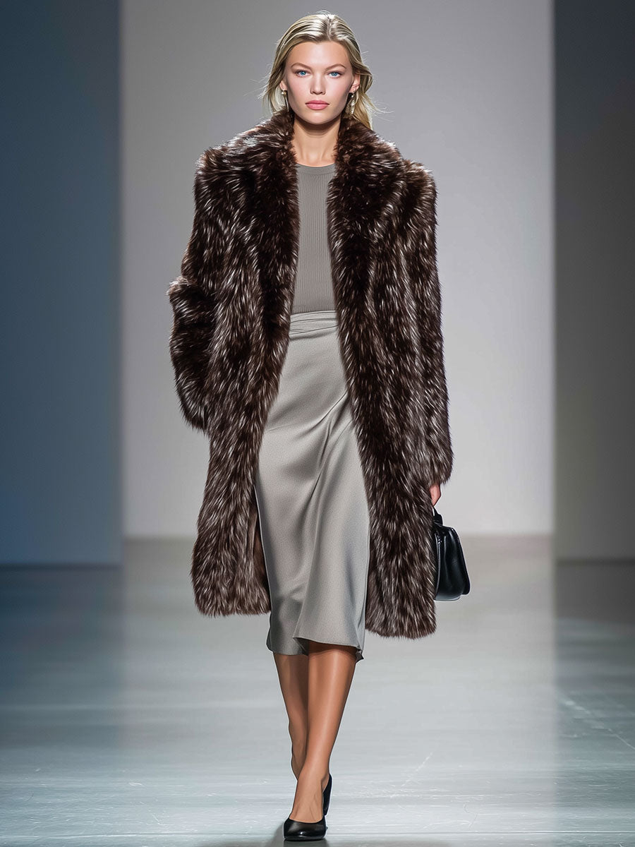 Loose Retro Fashion Faux Fur Brown Long Coat