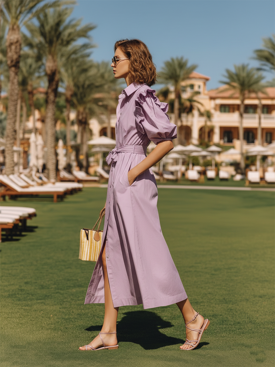 Purple Resort-style Cotton Shirt Collar Midi Dress