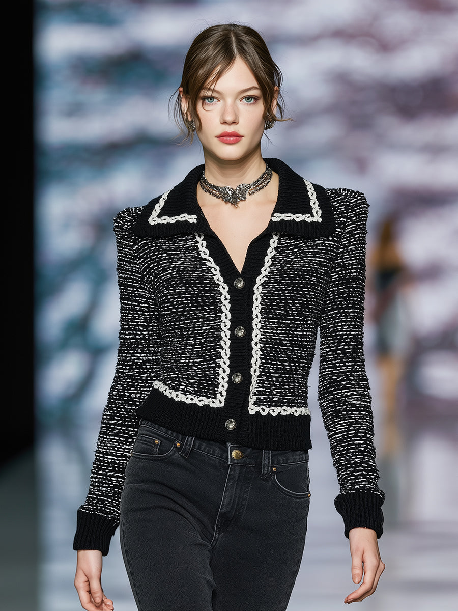 Black And White Contrast Wool Button-down Cardigan