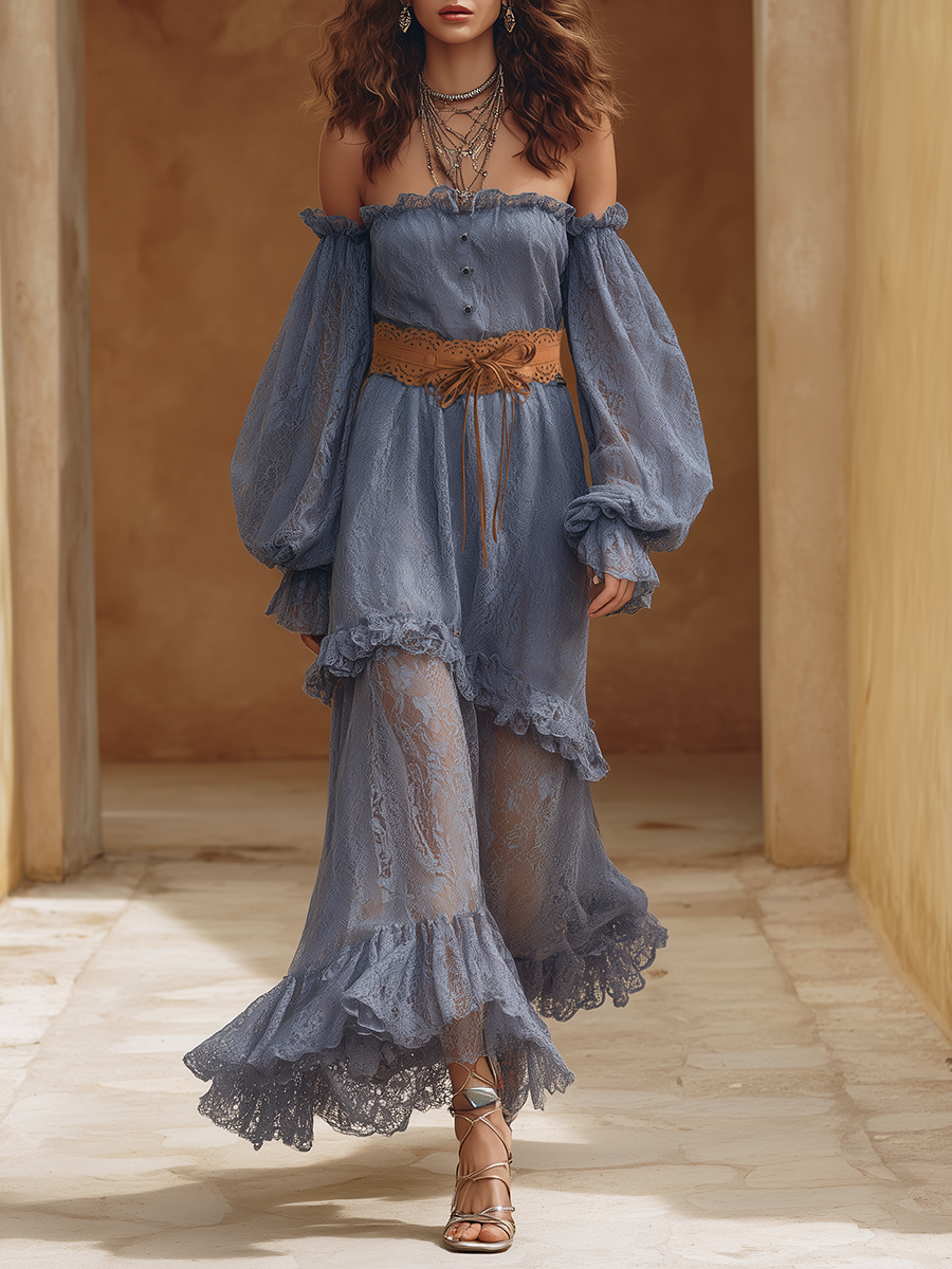 Elegant Bohemian Off-Shoulder Gray-Blue Lace Maxi Dress