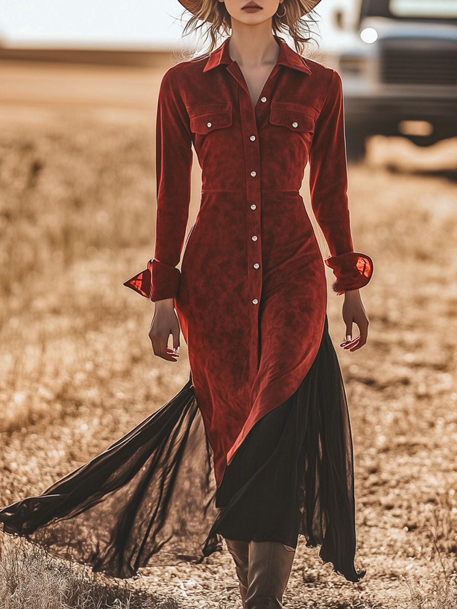 Western Retro Red Suede Skirt Spliced Chiffon Midi Dress