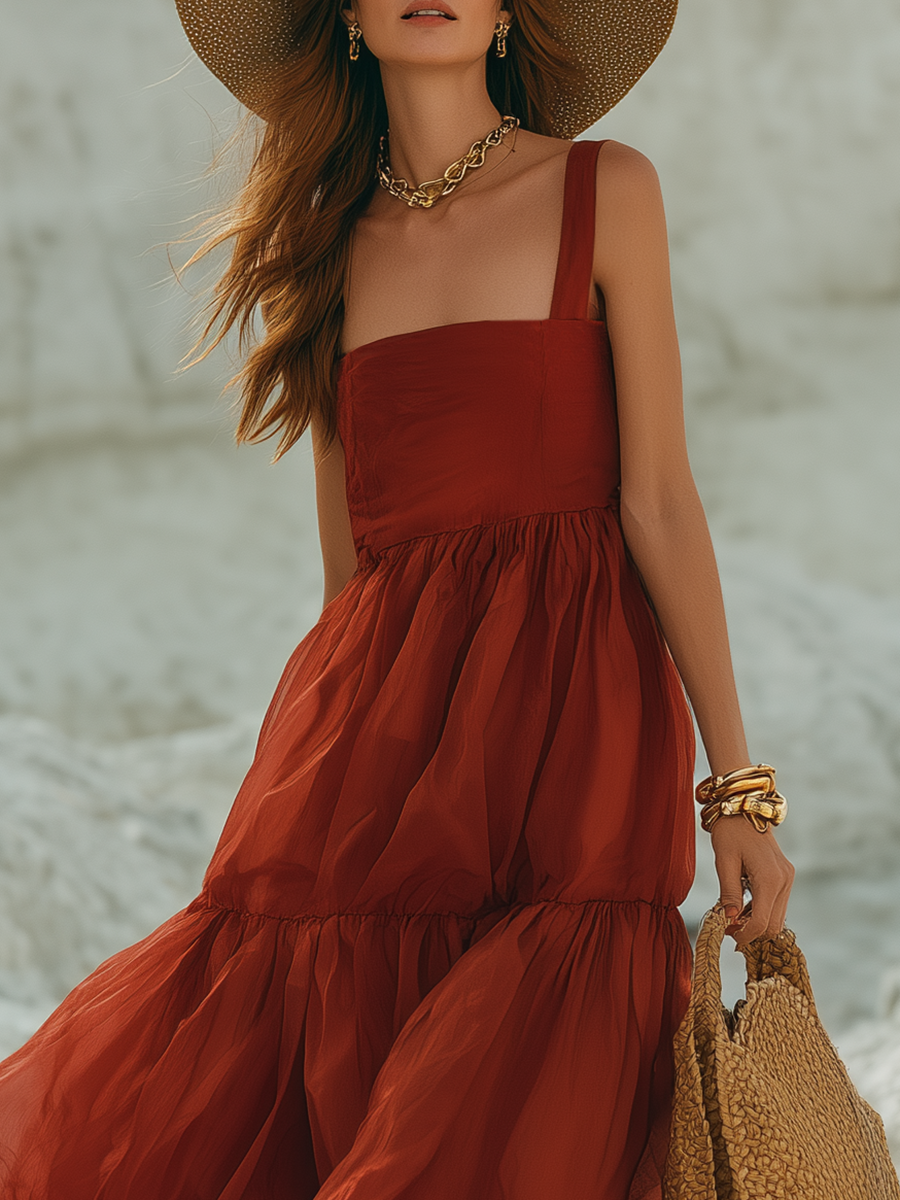 Stylish Bohemian Wide Shoulder Straps Red Sheer Maxi Dress