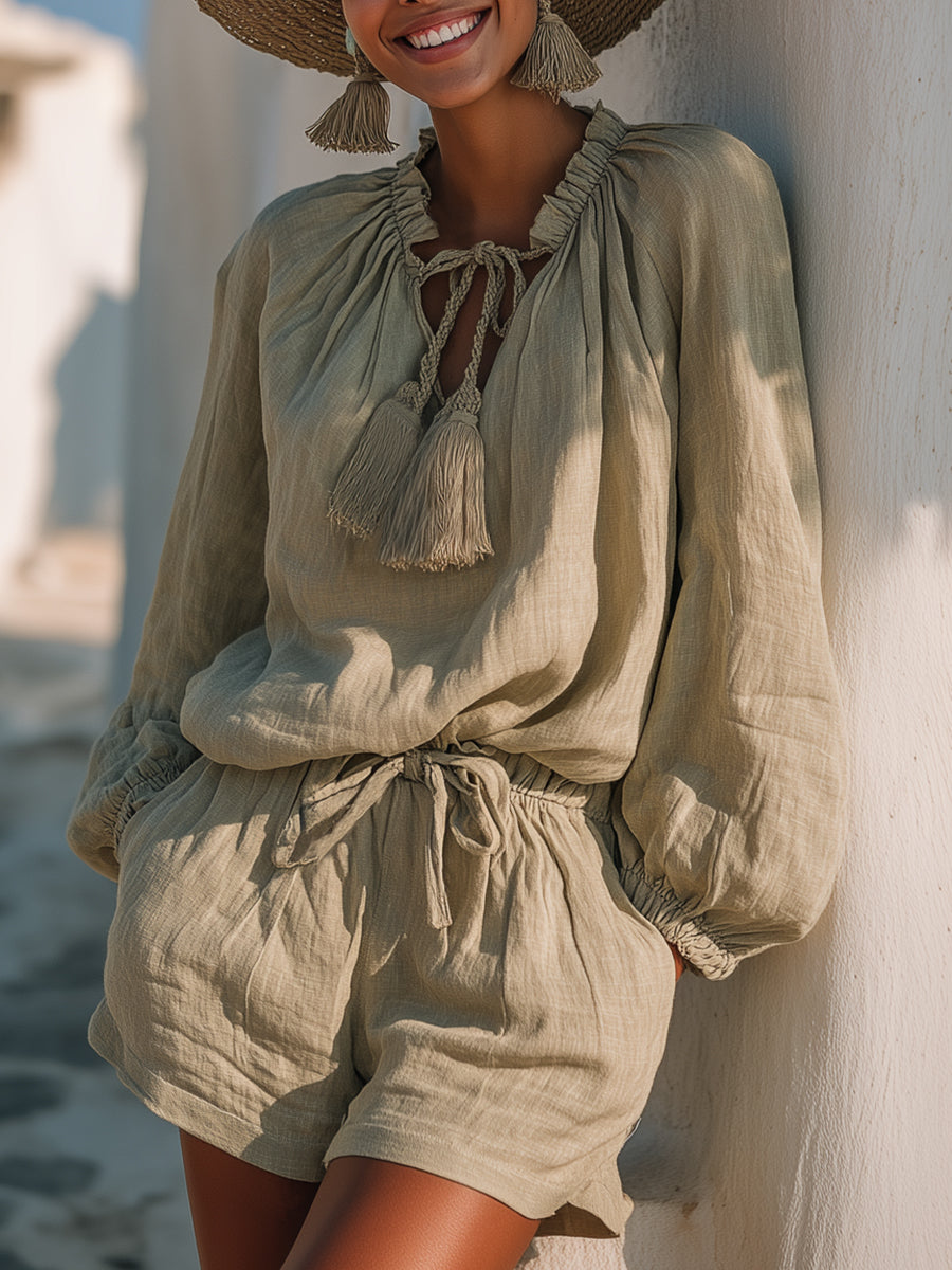 Bohemian Grey-green Cotton Linen Tie-up Tassel Lantern Sleeve Top And Shorts Set