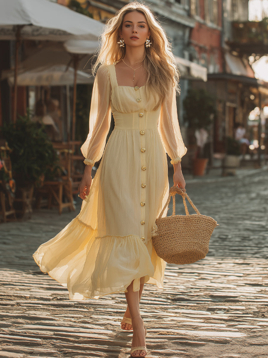 French Romantic Button-down Pale Yellow Chiffon Square Neck Maxi Dress