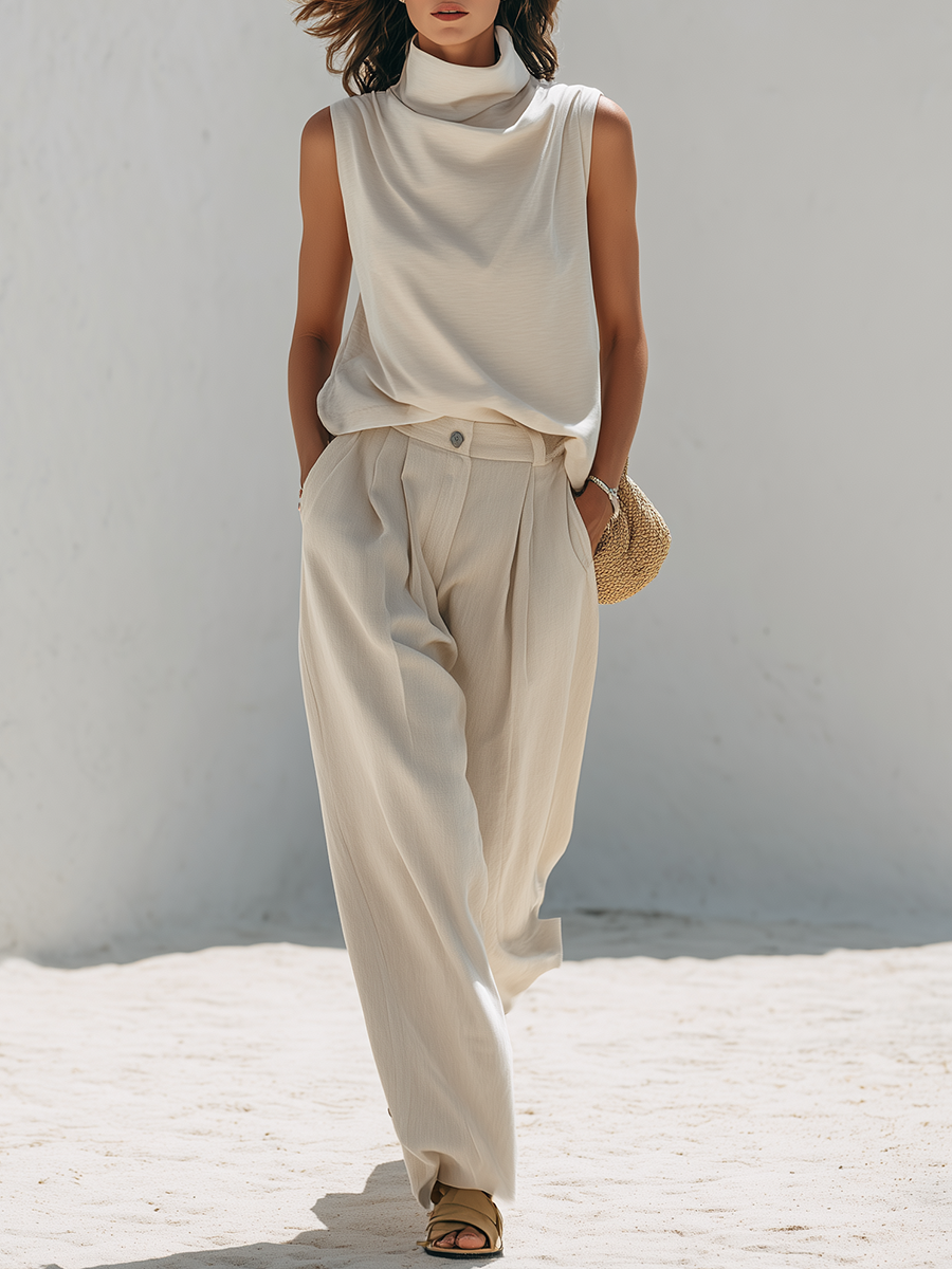 Resort-style Off-white Sleeveless Turtleneck Top And Wide-leg Pants Set