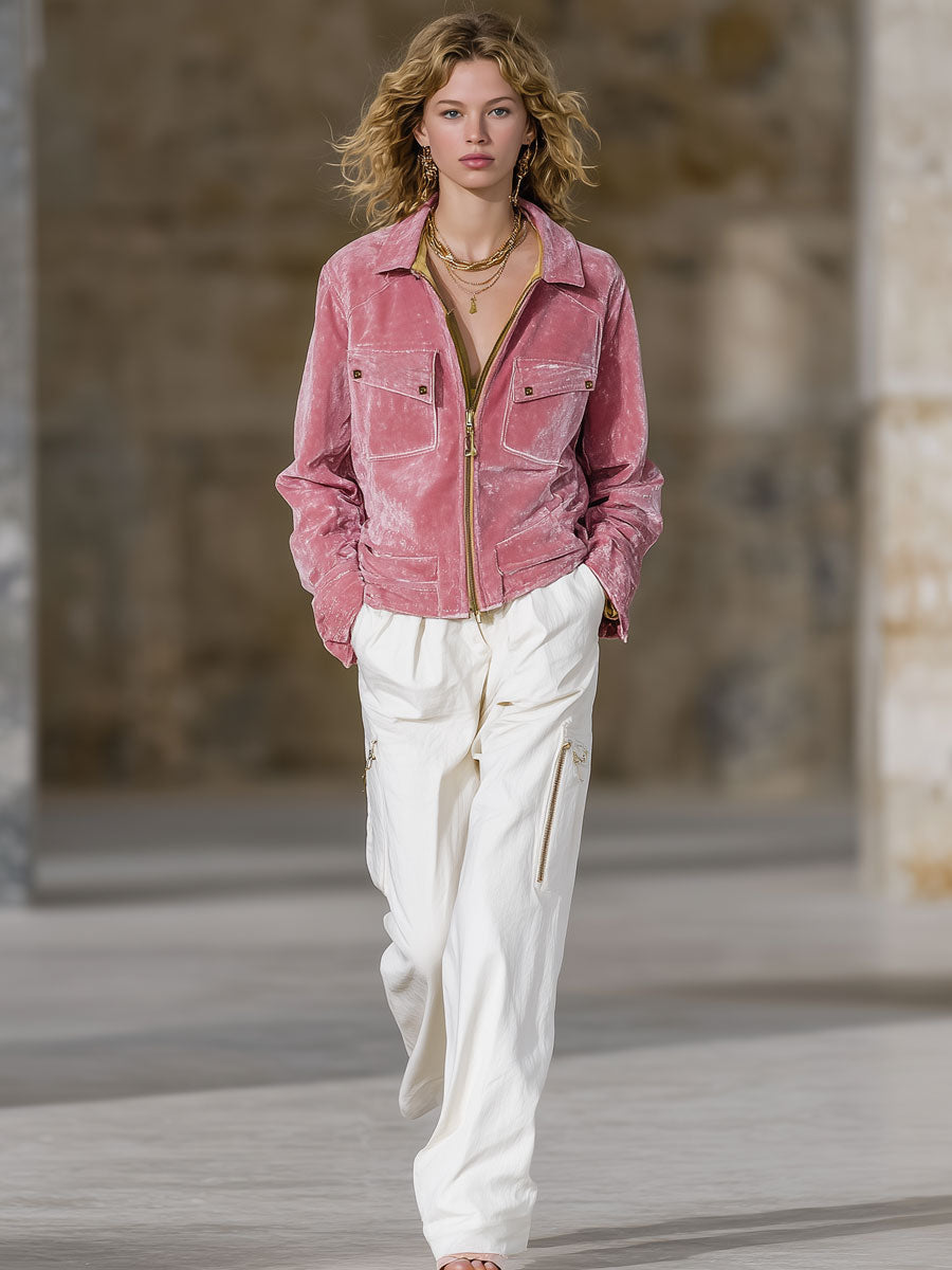 Casual Fashion Pink Velvet Zipper Jacket