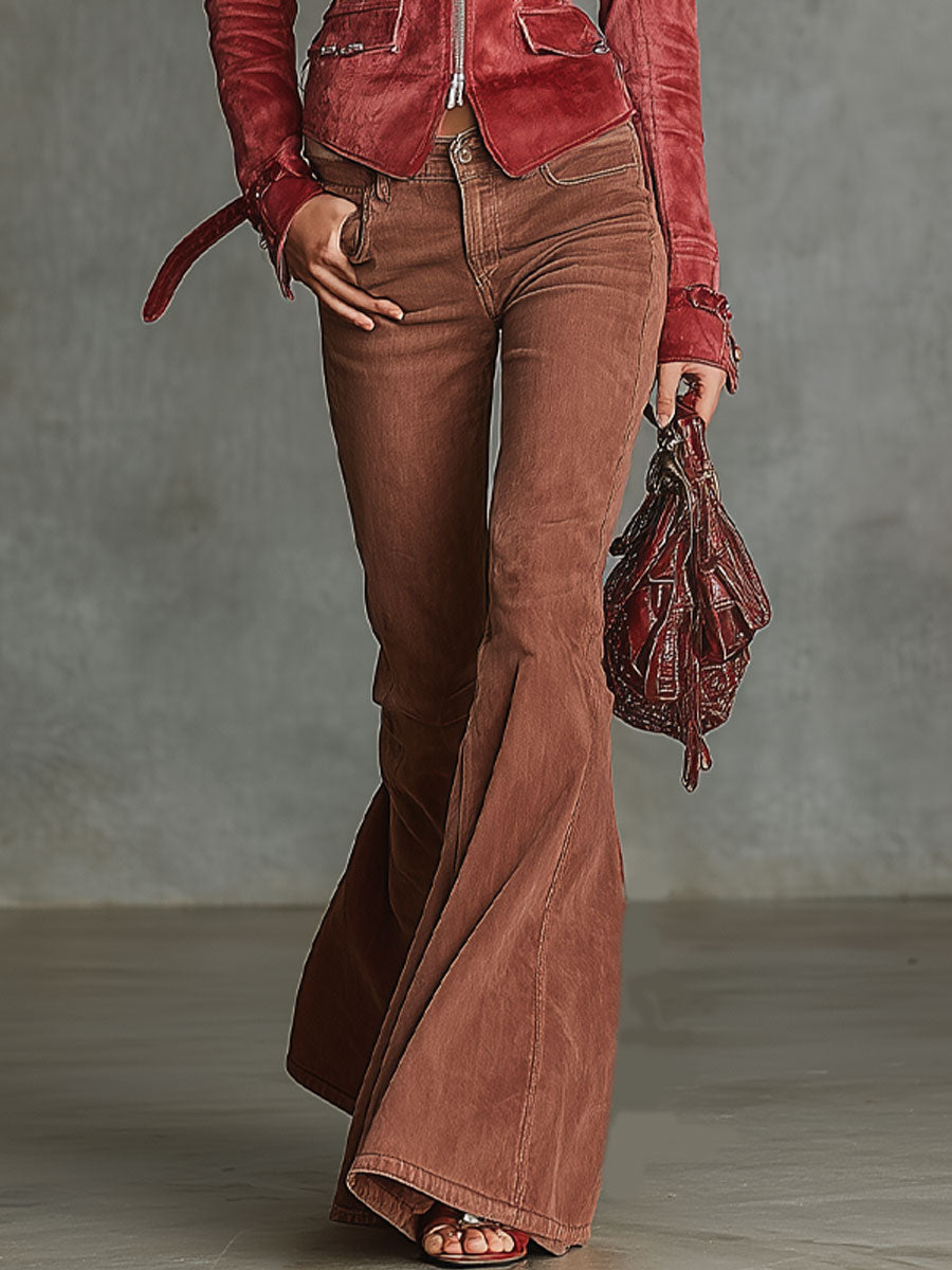 Fashionable And Casual Rose Red Washed Denim Flared Pants