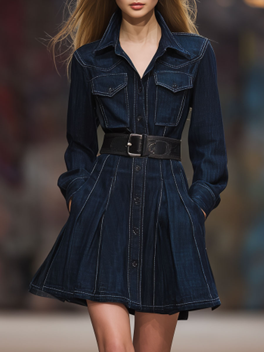 Vintage Dark Blue Washed Denim Lapel Waisted Long-Sleeved Mini Dress