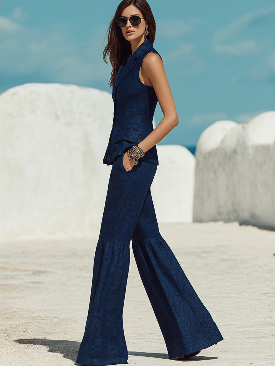 Coastal Minimalist Style Navy Blue Cotton Linen Collared Vest And Pants Set