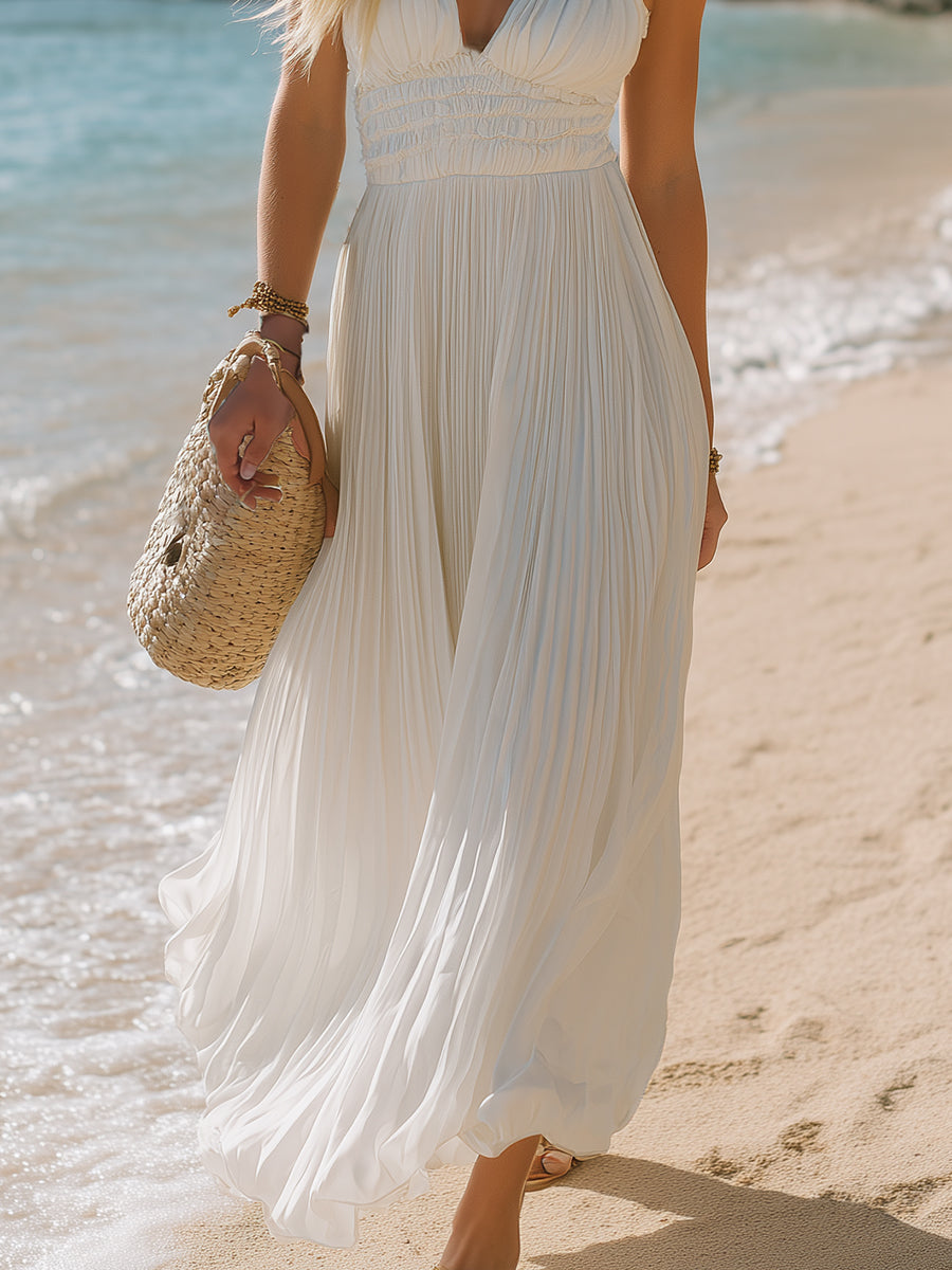Bohemian White Chiffon Pleated Slip Maxi Dress