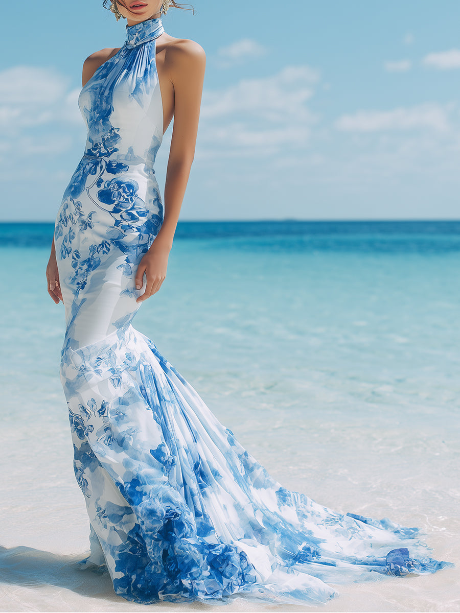 New Chinese Style Blue And White Satin Print Halter Neck Fishtail Maxi Dress
