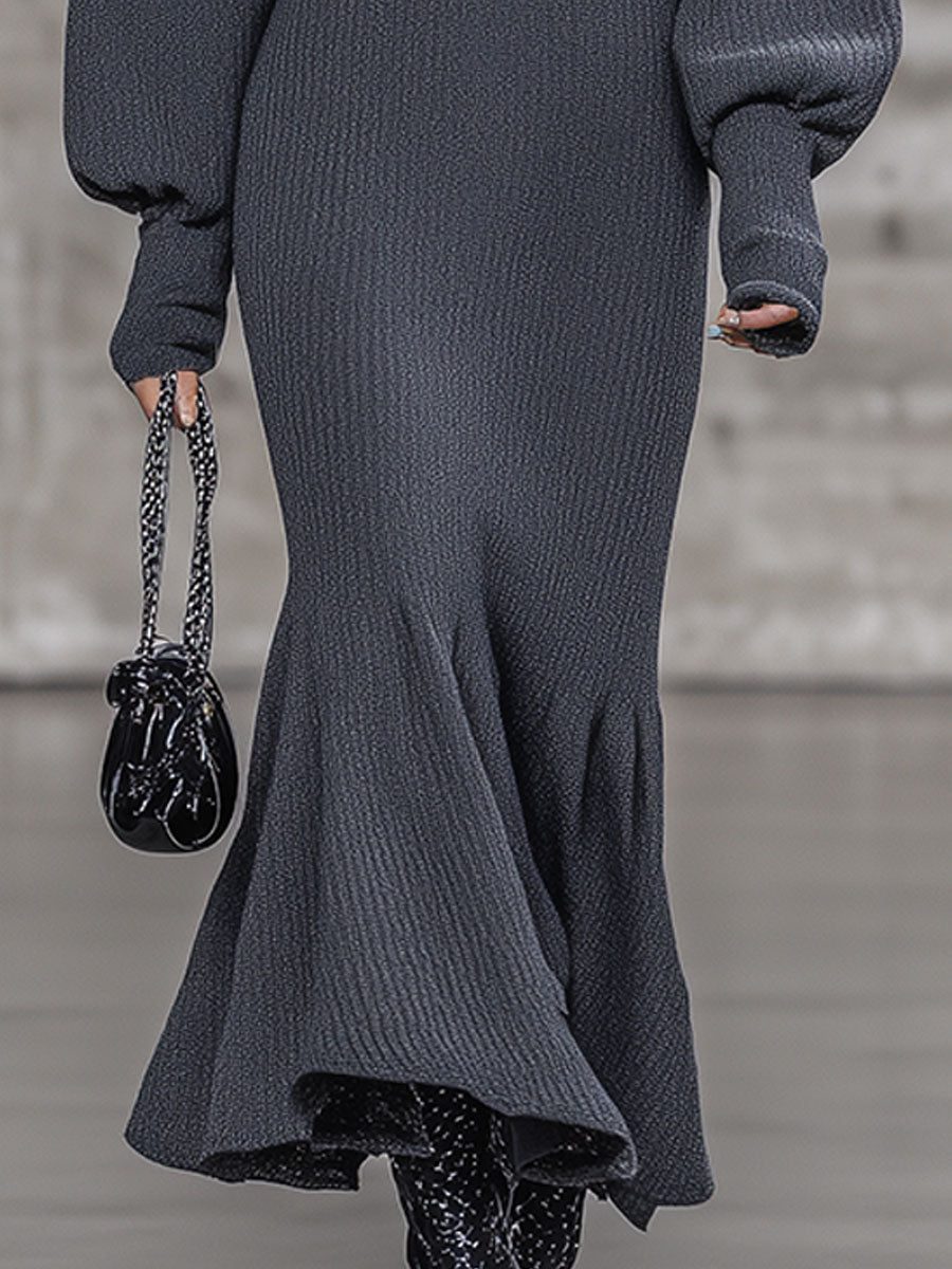 Fashion Loose Gray Pin Hooded Button Midi Dress