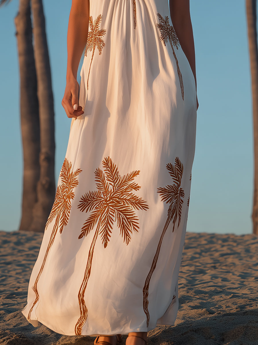 Tropical Bohemian Beige Cotton Linen Halter Neck Maxi Dress