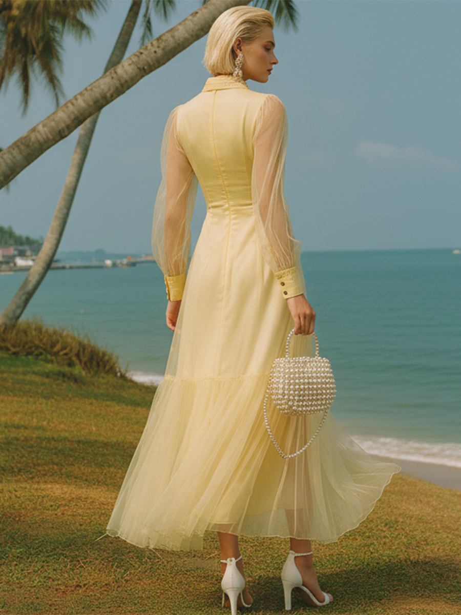 Resort-style Mesh Patchwork Pale Yellow Maxi Dress